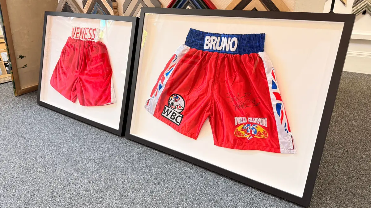 Framed signed boxing shorts