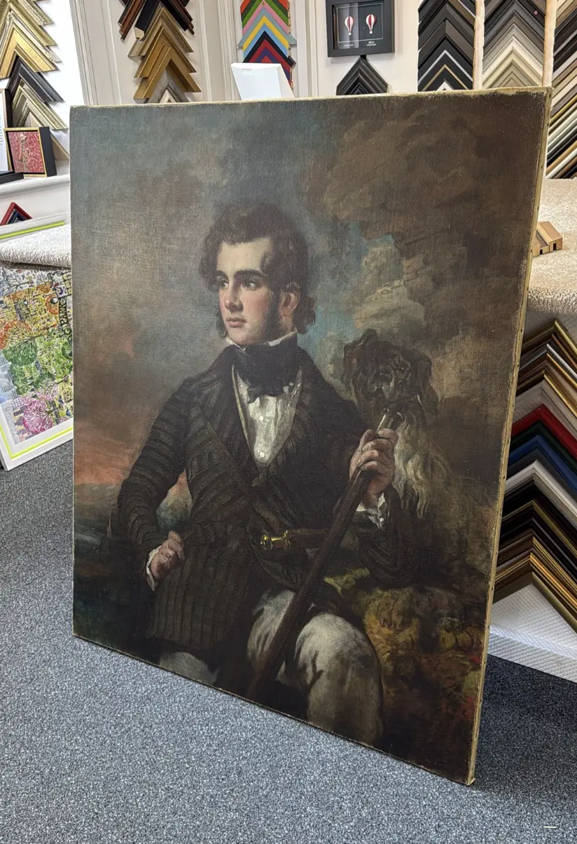 Unstretched classical portrait canvas before stretching at the workshop